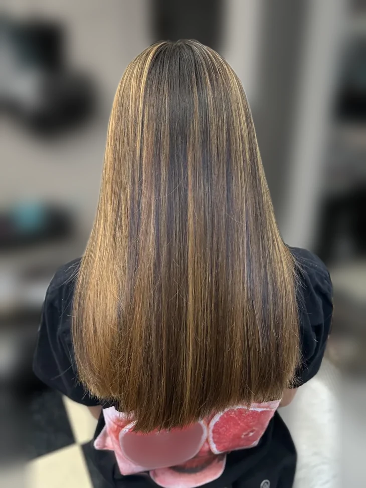 Straight brunette hair ribboned with caramel highlights