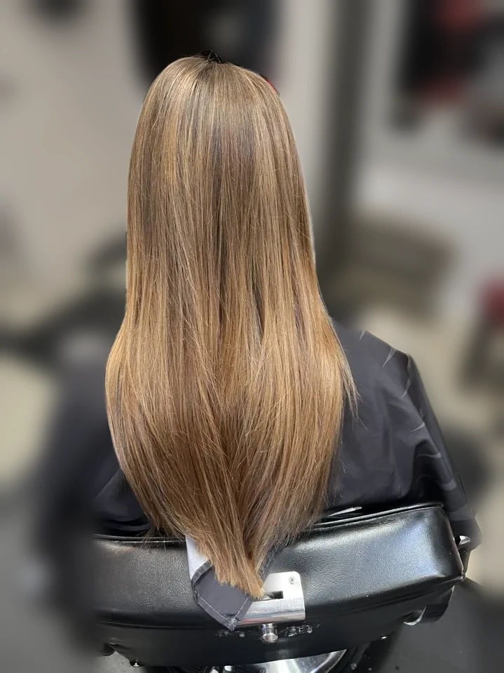 Long straight hair with caramel balayage, back view